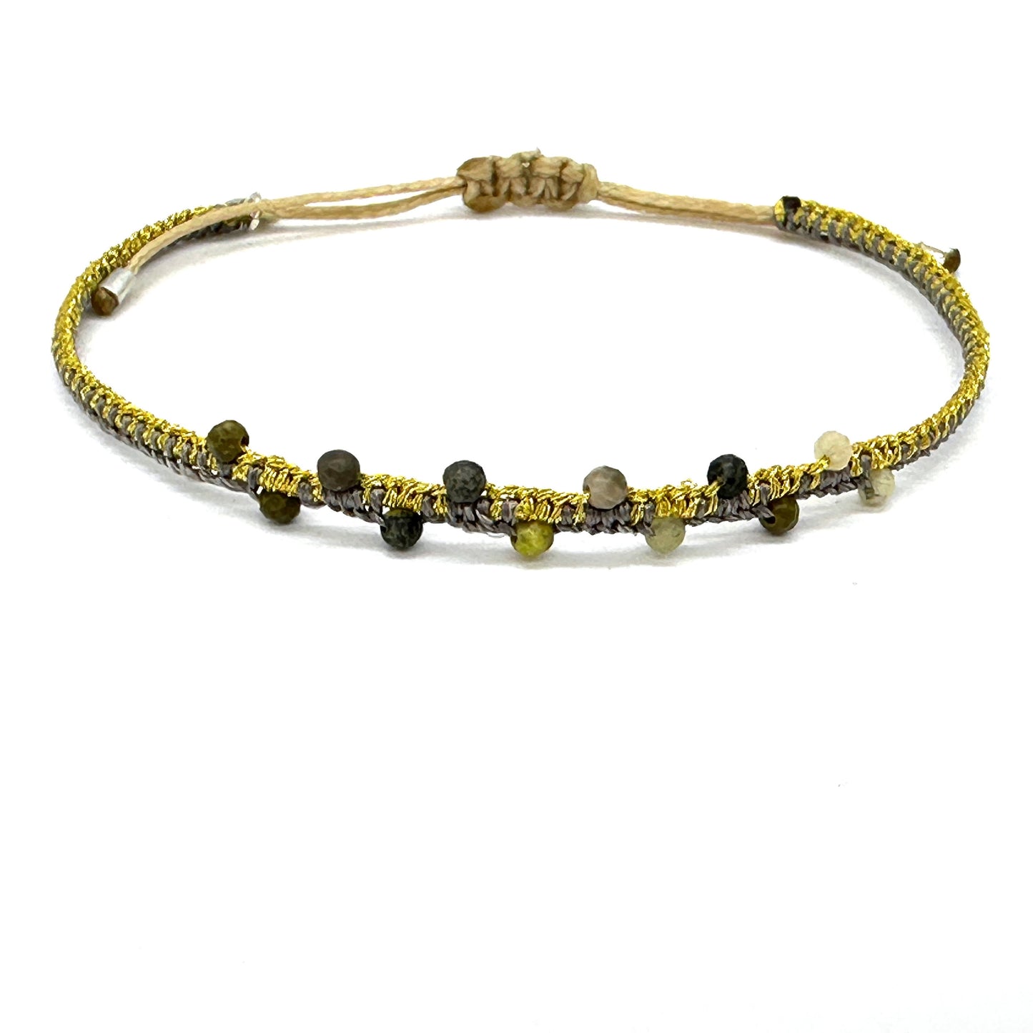 Gewebtes Armband grau / gelbgold mit echten Edelsteinen