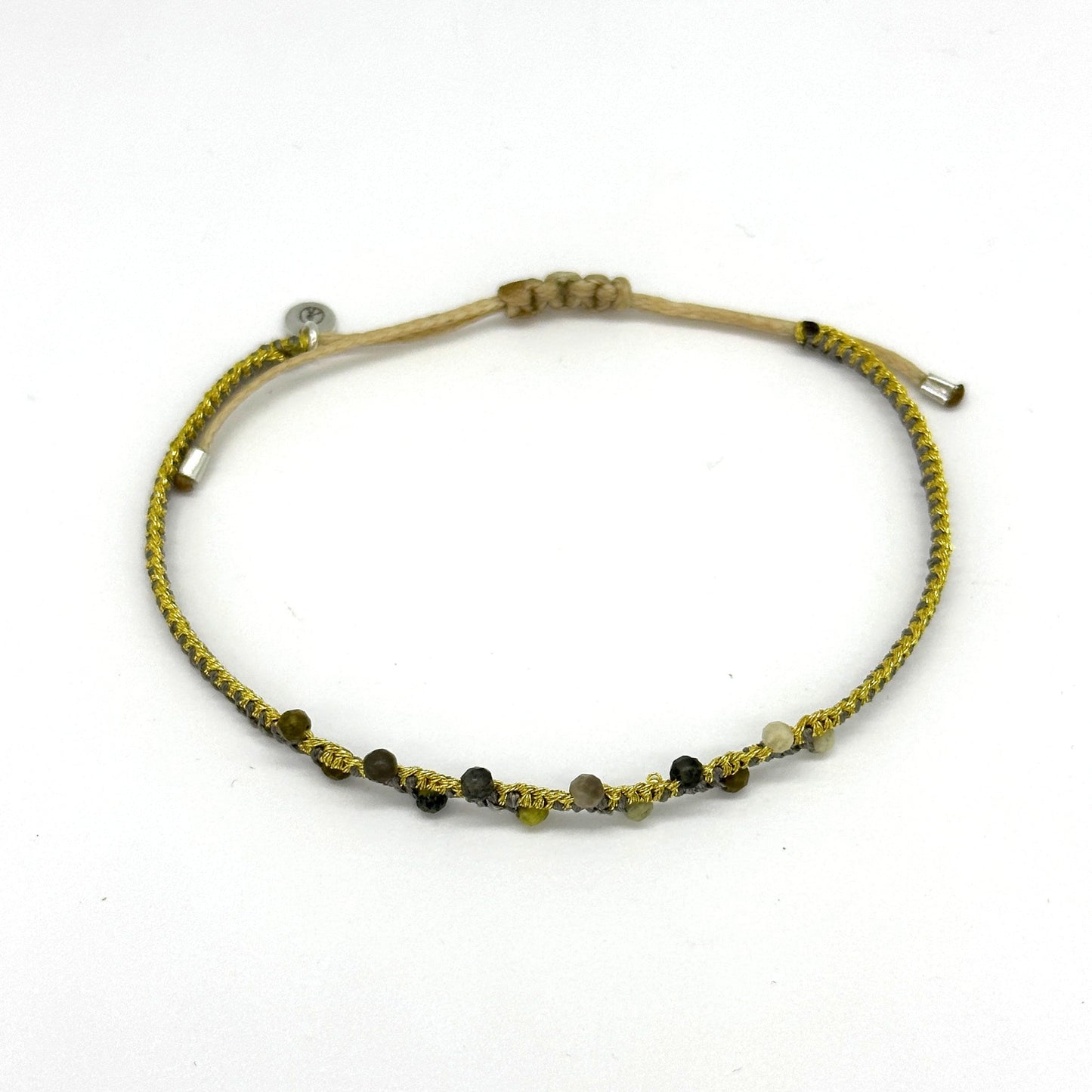 Gewebtes Armband grau / gelbgold mit echten Edelsteinen