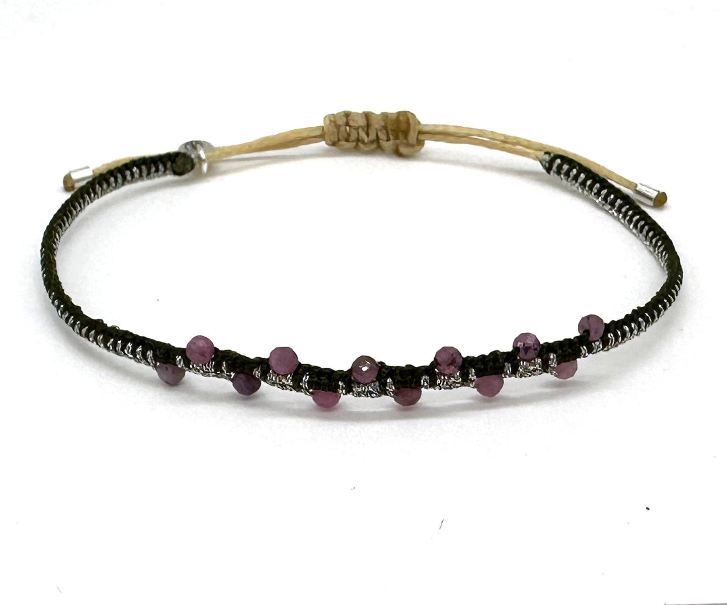 Gewebtes Armband dunkelgrün / silber mit echten Edelsteinen